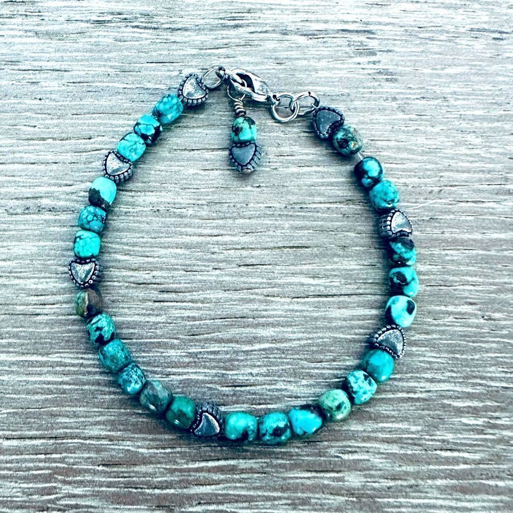 Rustic Turquoise Stone Silver Heart Beaded Bracelet